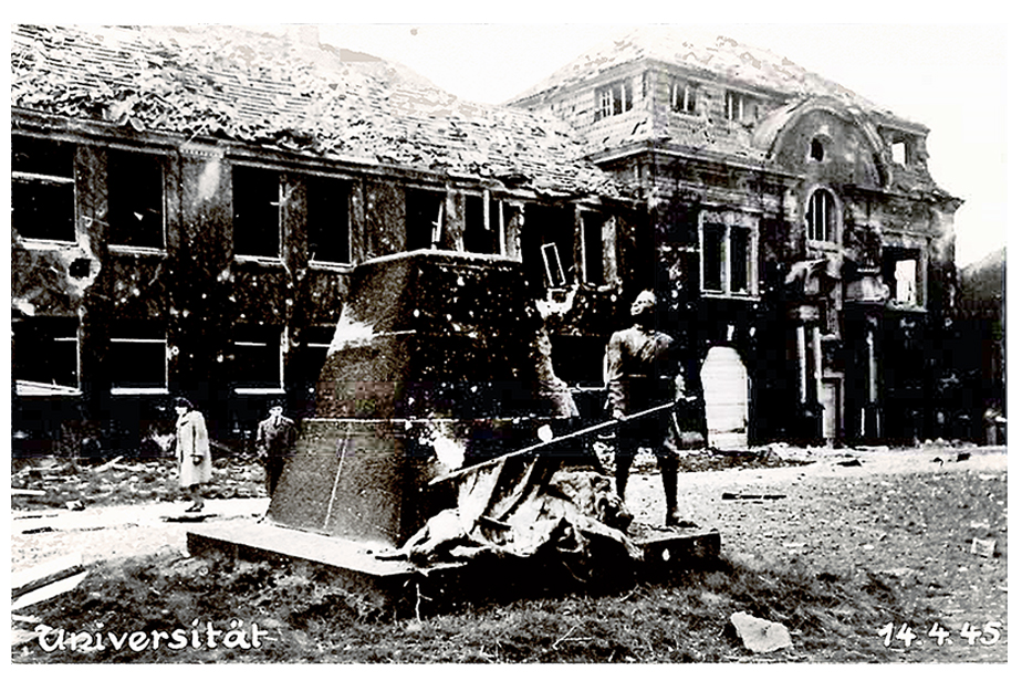 Postcard with the bombed Main Building and Wissmann-Monument