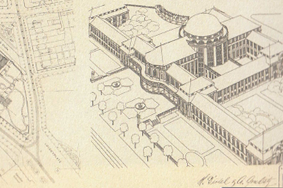 Bird's eye view of the design of the lecture building, 1908