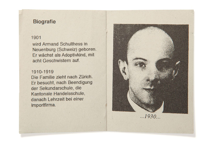 Playbill for the final thesis project Meine erste Frau hieß Zwieback—Das Leben des Armand Schulthess