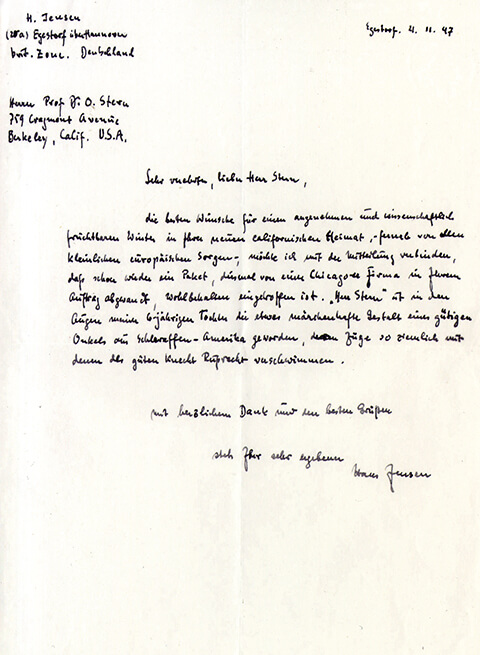 Thank-you letter from Hans Jensen to Otto Stern for a care package, 1947