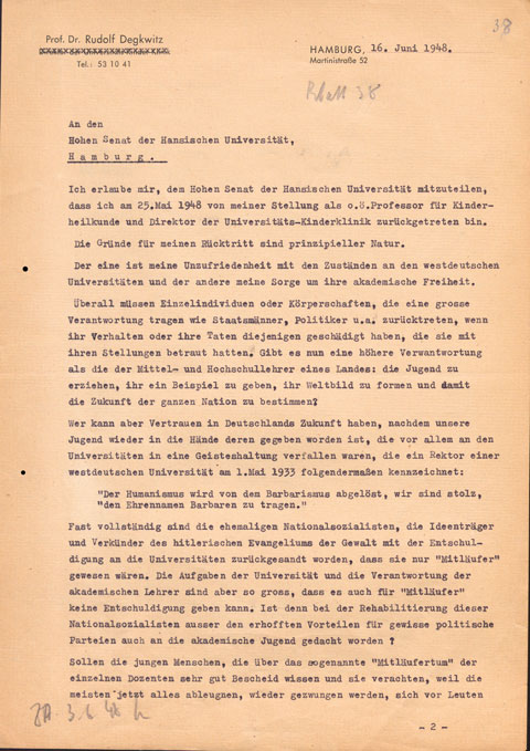 Protest Letter from Professor Rudolf Degkwitz against the lack of denazification at the university, 1948