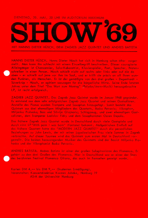 Flyer from Show 69, a concert in the audimax.