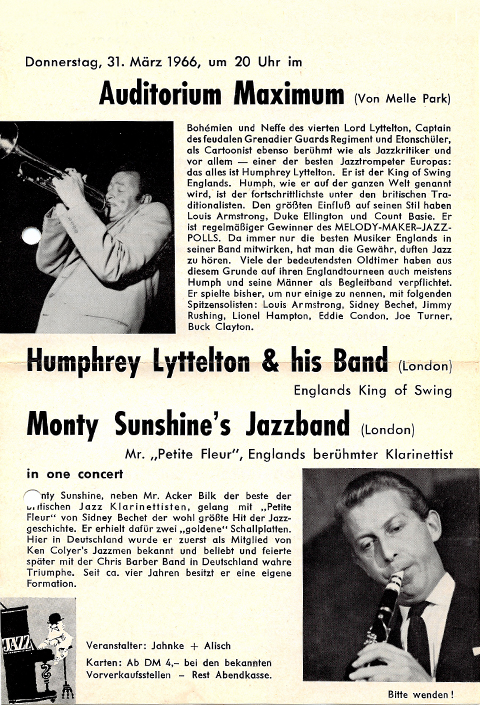 Flyer from concerts by Humphrey Lyttelton und Monty Sunshine with bands.