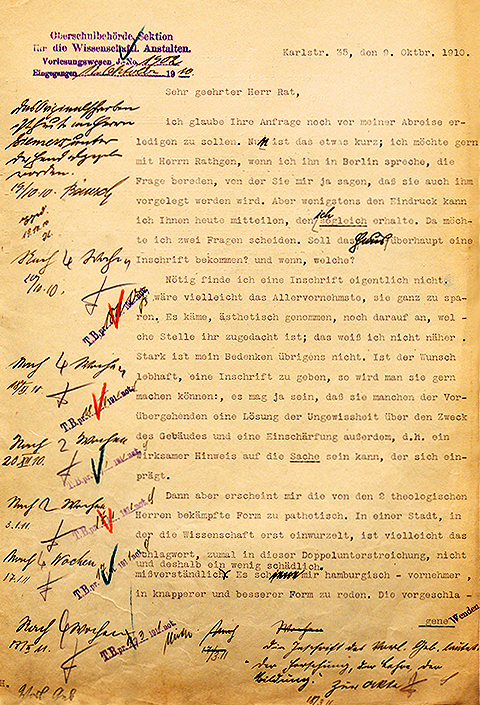 Letter from senior government aide Max Förster to Prof. Erich Marcks, 1910, facsimile, page 1