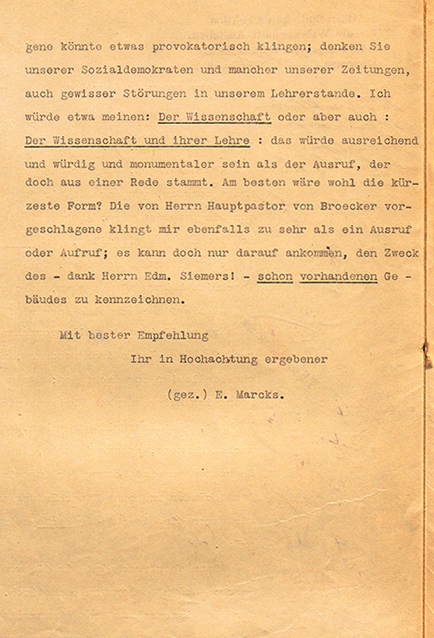 Letter from senior government aide Max Förster to Prof. Erich Marcks, 1910, facsimile